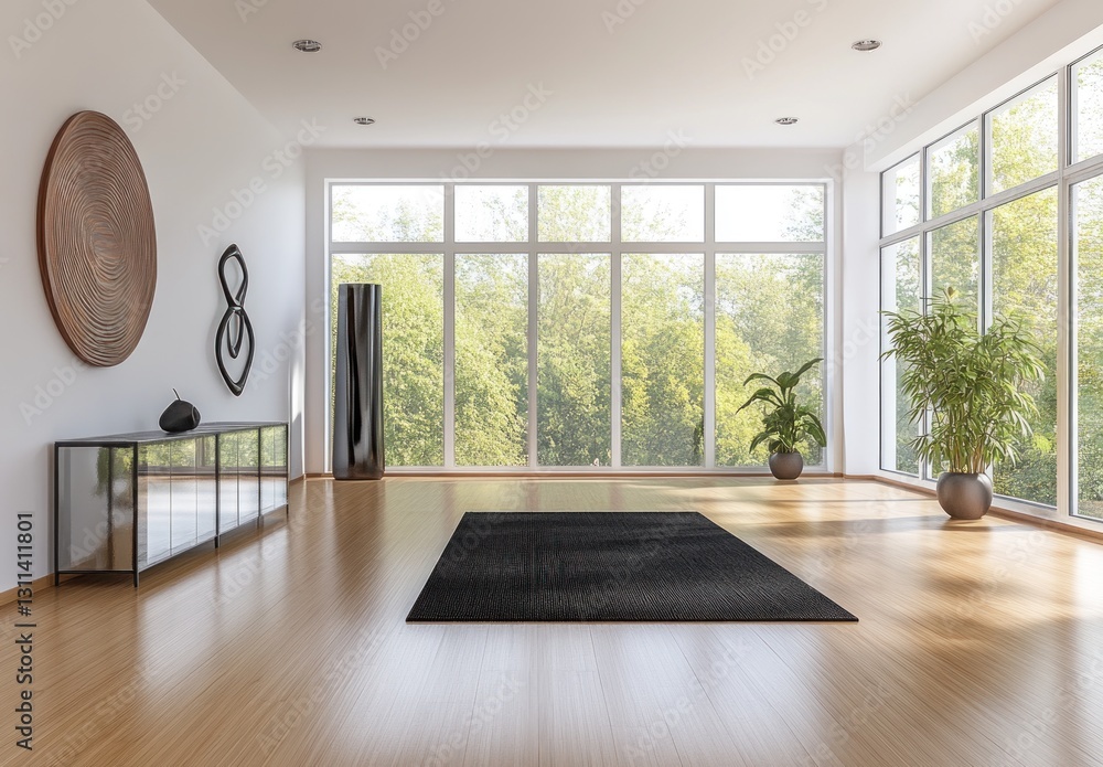 Fototapeta premium Modern bright living room with large windows, hardwood floor, and minimalist decor.