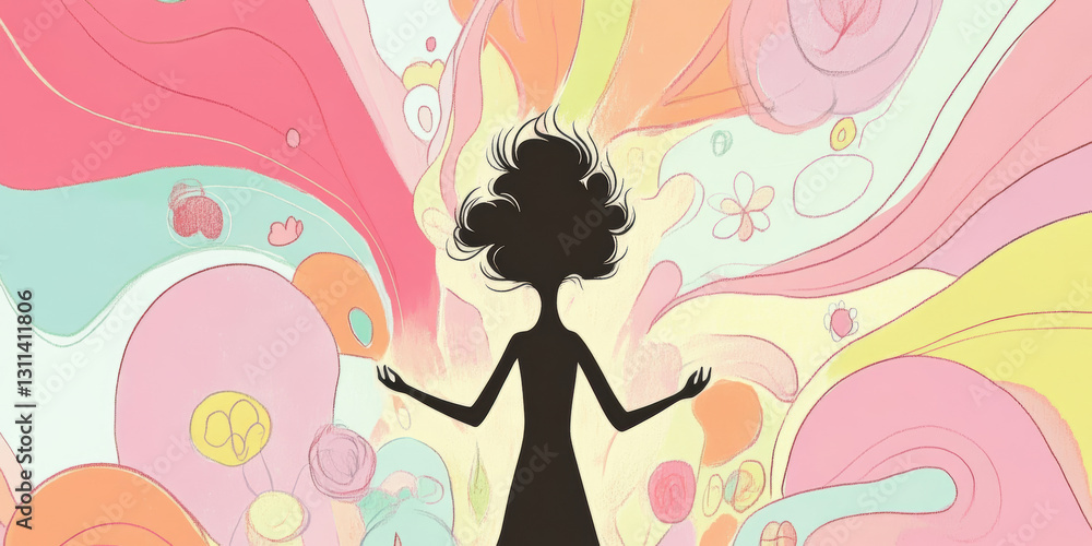 Vibrant Silhouette of a Woman in a Whimsical Pastel Dreamscape Vibrant Silhouette of a Woman in a Whimsical Pastel Dreamscape