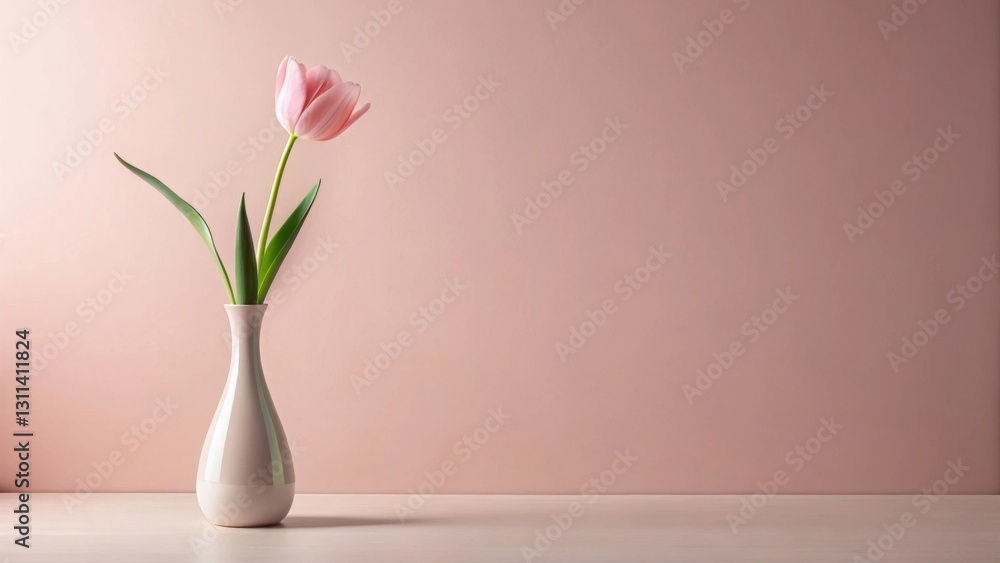 A single delicate pink tulip in a minimalist vase against a soft pink background, showcasing simple elegance and springtime serenity A single delicate pink tulip in a minimalist vase against a soft pink background, showcasing simple elegance and springtime serenity