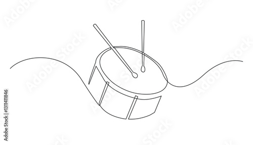 Drum One Line Drawing, Isolated on White Background