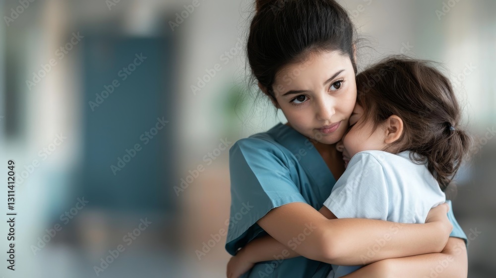 Teacher Comforts Crying Child While Kneeling in a Bright Indoor Environment children rights, stop violence and abused children concept. Teacher Comforts Crying Child While Kneeling in a Bright Indoor Environment children rights, stop violence and abused children concept.