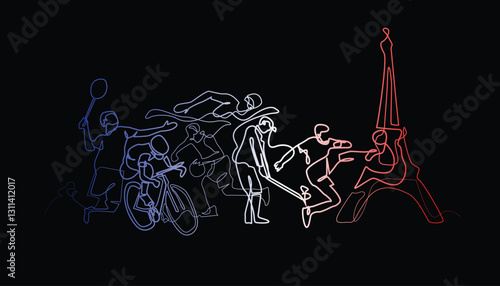 Paris Sports One Line Illustration on Black Background