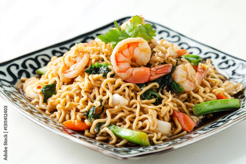 Fried noodles with shrimp, vegetables and soy sauce in a stylish presentation Fried noodles with shrimp, vegetables and soy sauce in a stylish presentation
