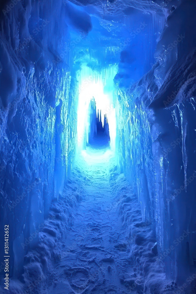 Fototapeta premium Stunning Ice Cave with Illuminated Pathway and Glacial Formations