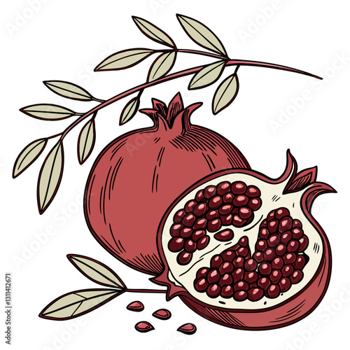 Pomegranate and leaves illustration on white background