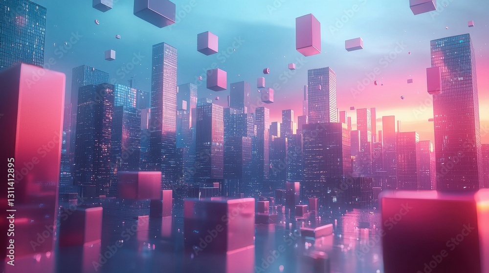 Fototapeta premium Futuristic Cityscape with Floating Cubes and Vibrant Sunrise Colors over a Modern Urban Landscape
