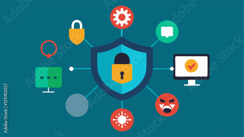 Threats Overview Illustrate various threats to communication networks like hackers with computer icons and viruses contrasted with a secure quantum network bulb illuminating a