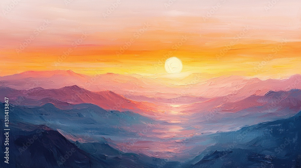 Vibrant Sunset Over Mountain Range With Soft Colors and Calming Atmosphere in Oil Painting Style Vibrant Sunset Over Mountain Range With Soft Colors and Calming Atmosphere in Oil Painting Style