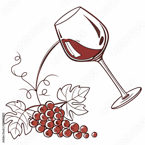 Wine glass pouring red wine with grapes