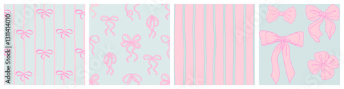 Coquette seamless pattern set. Pretty Girly Bows, Lines and Dots in Pastel Pink and blue colours. Trendy feminine romantic template for wedding cards, nursery, invitations, wrapping. Vector Illustrati