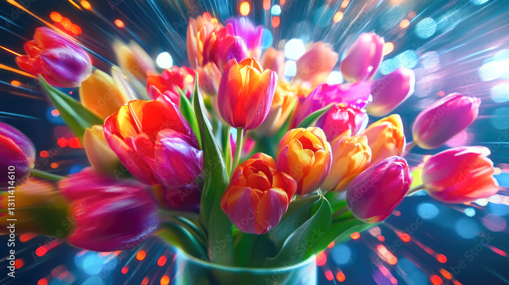 Fototapeta premium Vibrant bouquet of multicolored tulips with dynamic light effects