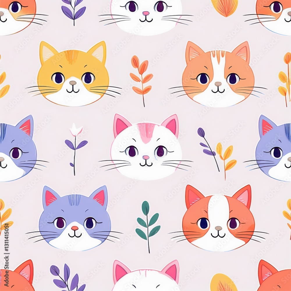 Seamless pattern watercolor, A playful pattern featuring various colorful cat faces with floral accents. Seamless pattern watercolor, A playful pattern featuring various colorful cat faces with floral accents.