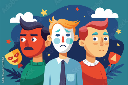 Three individuals showcase contrasting emotions, revealing the tension between true feelings and facades, Pretender and liar hide true thoughts under mask