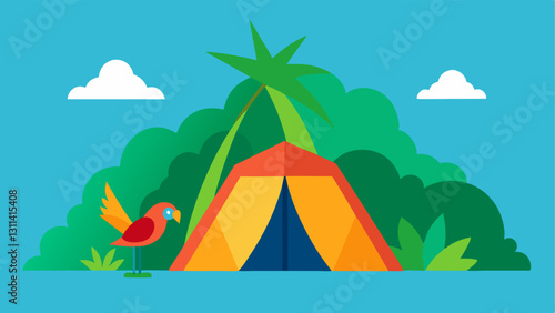 Tent and Wilderness This vector shows the surroundings featuring a brightly colored tent with a rolledup flap revealing camping gear and supplies inside. The tiger is seen peeking