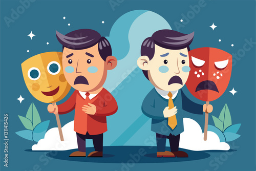 A person stands holding two contrasting masks, one joyful and one sorrowful, symbolizing hidden emotions, Pretender and liar hide true thoughts under mask
