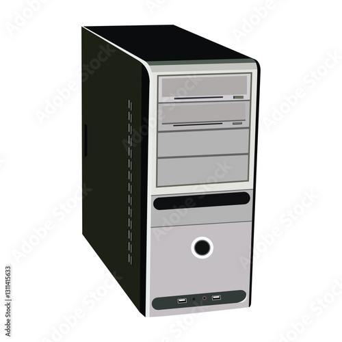 Black and silver desktop computer tower with cd drive and usb ports - isolated illustration