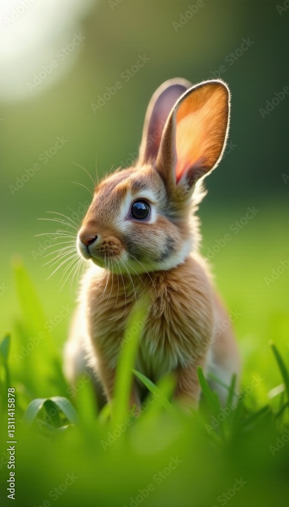 Small fluffy bunny in tall grass, looking right, ears high , fluffy, innocent Small fluffy bunny in tall grass, looking right, ears high , fluffy, innocent