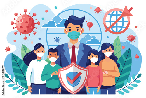 A diverse group of people wearing masks stands alongside a health professional promoting epidemic prevention measures, Prevent epidemic rebound Customizable Disproportionate Illustration