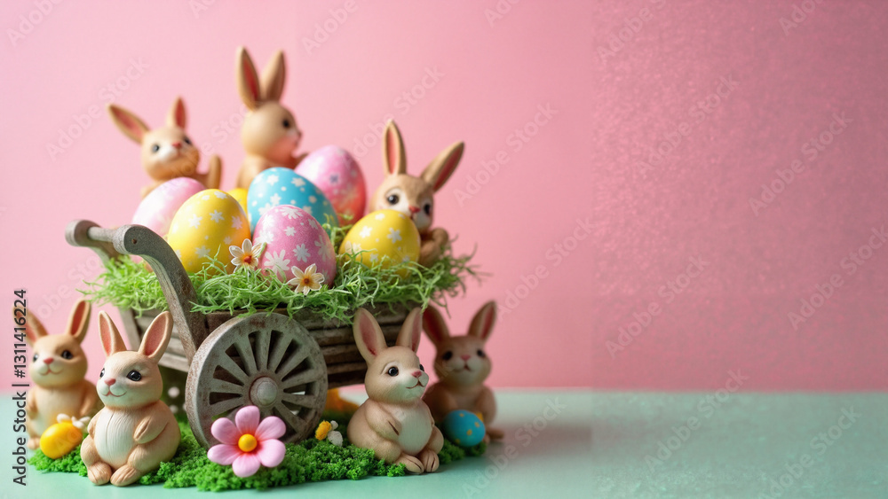 Colorful Easter Eggs and Whimsical Bunnies in a Vintage Cart Against a Soft Pink Background - Perfect for Holiday Promotions and Celebrations Colorful Easter Eggs and Whimsical Bunnies in a Vintage Cart Against a Soft Pink Background - Perfect for Holiday Promotions and Celebrations