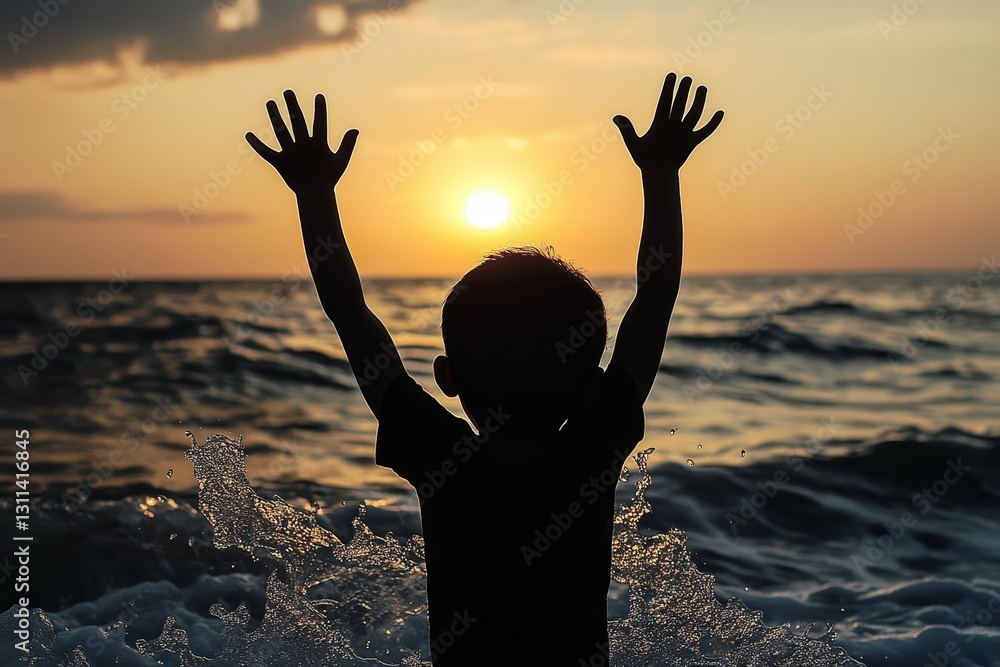 Fototapeta premium Child Silhouette Celebrating Sunset at Ocean Waves in Summer Evening