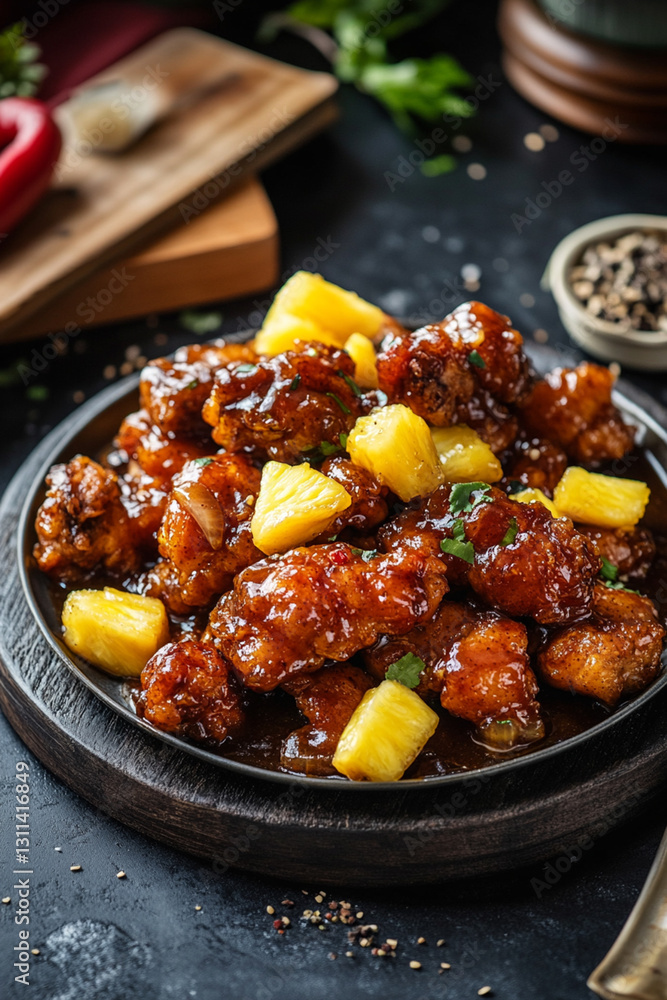 Fragrant fried chicken in sweet and sour sauce with pineapple and pepper Fragrant fried chicken in sweet and sour sauce with pineapple and pepper