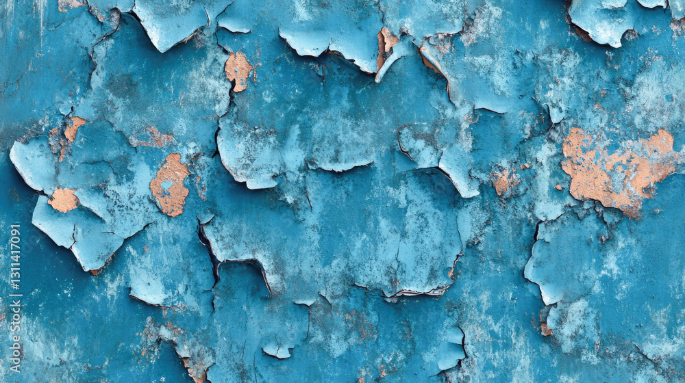 Obraz premium Weathered blue paint on wall with peeling texture and exposed plaster details