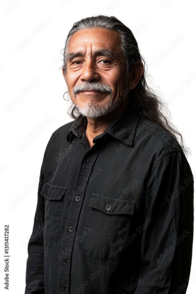 Smiling older man with long hair and mustache wearing black shirt isolated on white background, portrait of confident senior with friendly expression. Smiling older man with long hair and mustache wearing black shirt isolated on white background, portrait of confident senior with friendly expression.