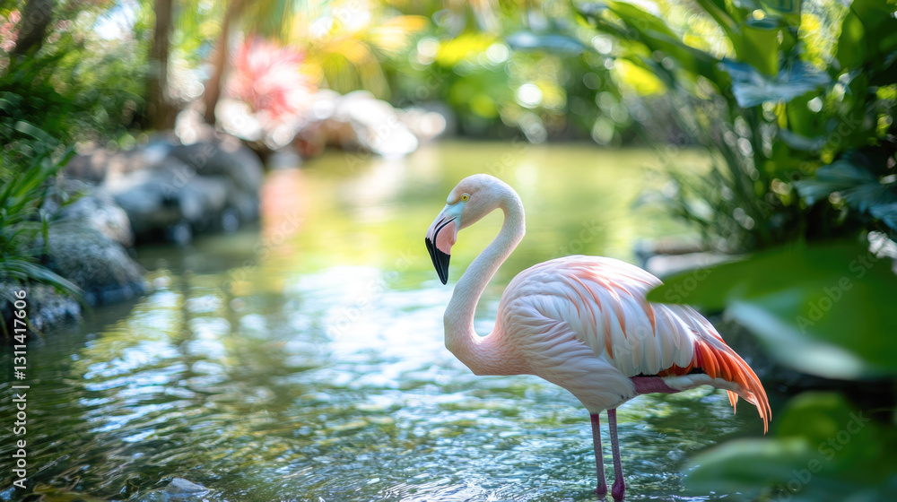 Fototapeta premium Elegant flamingo standing gracefully in sunlit tropical pond