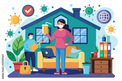 A woman holds a drink while a boy cleans in a home setting amid health precautions and safety signs, Preventive measures when you get home Customizable Flat Illustration