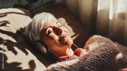 Wallpaper Mural senior woman relaxing with headphones in sunny bedroom Torontodigital.ca