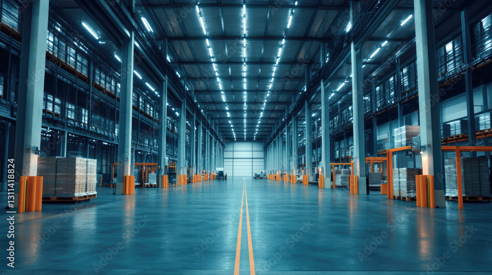 Fototapeta premium Spacious modern warehouse interior with high ceilings and industrial lighting