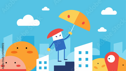 Urban Pizza Drizzle An animated cityscape features colorful buildings in the background with slices of pizza raining down from fluffy white clouds. In the foreground people with