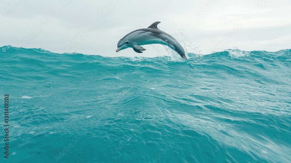 Fototapeta premium Dolphin leaps gracefully above turquoise waves, showcasing agili