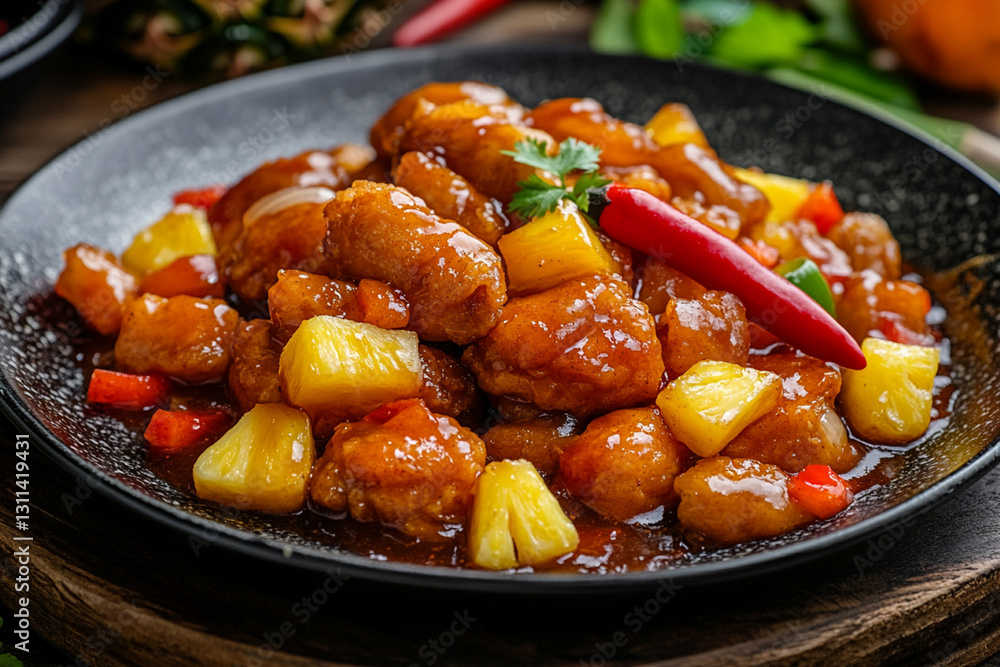 Fragrant fried chicken in sweet and sour sauce with pineapple and pepper Fragrant fried chicken in sweet and sour sauce with pineapple and pepper