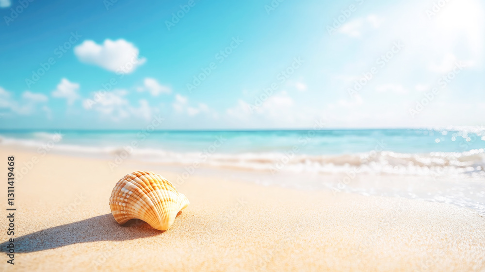 Sunny beach with seashell on golden sand by the ocean Sunny beach with seashell on golden sand by the ocean