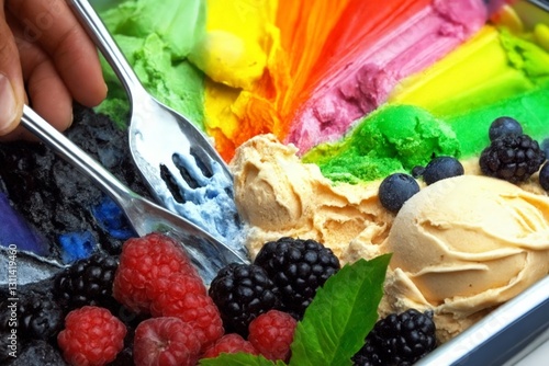 Colorido helado con una mano sirviendo diferentes sabores y frutas. photo