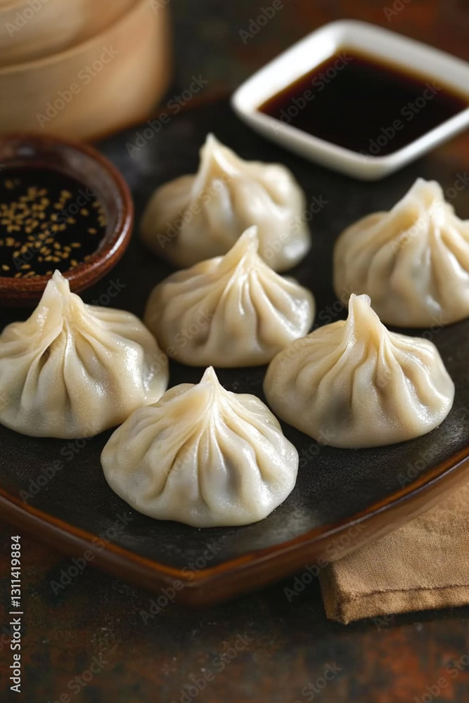 Traditional Chinese dumplings neatly arranged on a plate with soy sauce Traditional Chinese dumplings neatly arranged on a plate with soy sauce