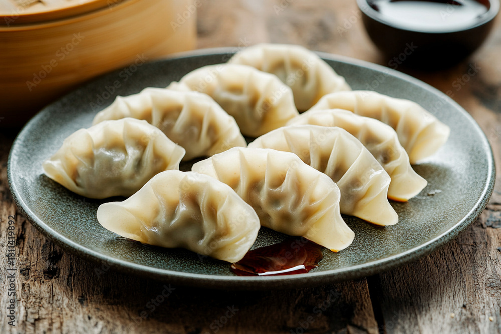 Traditional Chinese dumplings neatly arranged on a plate with soy sauce Traditional Chinese dumplings neatly arranged on a plate with soy sauce