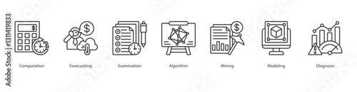 Data Governance icon sheet web vector line style computation, forecasting, examination, algorithm, mining, modeling, diagnosis