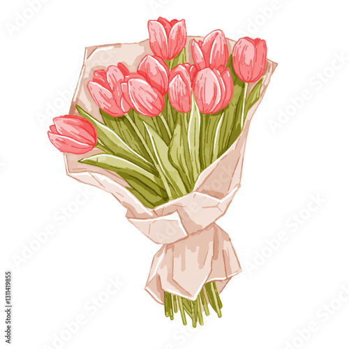 Tulip bouquet illustration, vector watercolor flower spring clipart, romantic pink blossom sticker. Beautiful floral seasonal holiday botanical graphic composition, date present. Tulip bouquet icon
