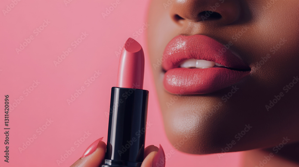 Obraz premium Close-up of african female with pink lipstick and glossy lips on pink background