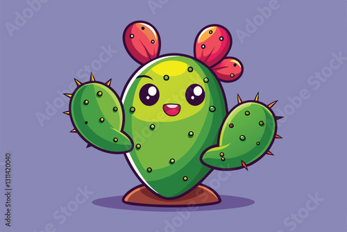 A playful prickly pear cactus character with lively colors and an engaging smile, perfect for customization, Prickly pear cactus Customizable Cartoon Illustration