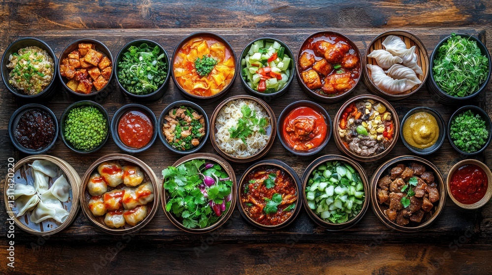 Asian Food Platter; Wooden Tray; Diverse Dishes; Restaurant Menu; Stock Photo Asian Food Platter; Wooden Tray; Diverse Dishes; Restaurant Menu; Stock Photo