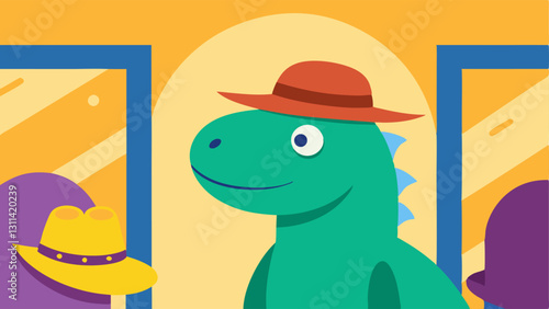 TRex Trying on Hats This scene shows the TRex standing in front of a mirror in a hat store trying on a widebrimmed sun hat. The reflection in the mirror shows its cheerful face and