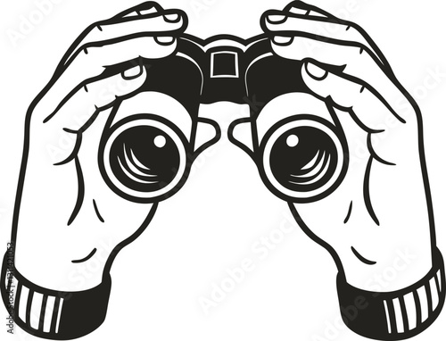 Hands holding binoculars, exploring and searching adventure and observation concept, monochrome illustration