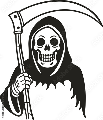 grim reaper with scythe hooded skeleton in cloak death symbol, halloween icon, monochrome illustration
