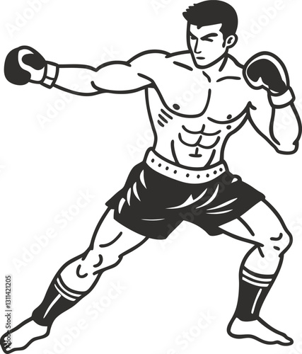 Boxer in fighting stance monochrome illustration of martial arts athlete with gloves, ready for action in competitive sports