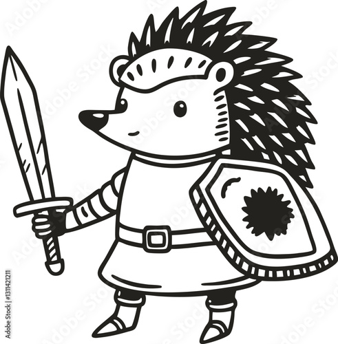 knight hedgehog with sword and shield, medieval warrior illustration