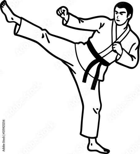 Martial artist in kimono performing high kick, showcasing skill and discipline traditional karate pose illustration