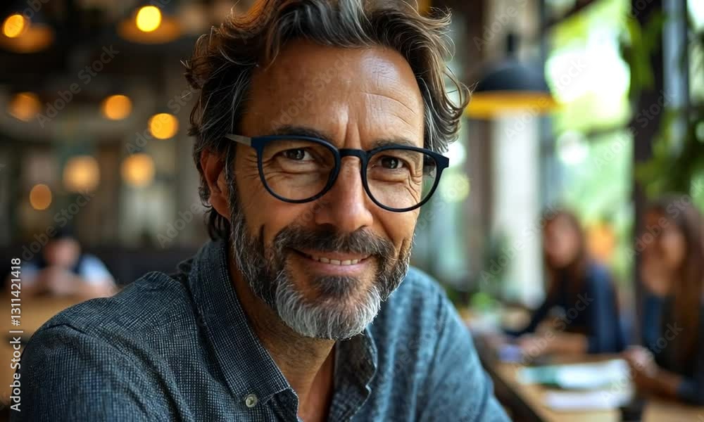 Middle-aged man with glasses smiling in a cozy café, with people engaged in conversation in the background Middle-aged man with glasses smiling in a cozy café, with people engaged in conversation in the background
